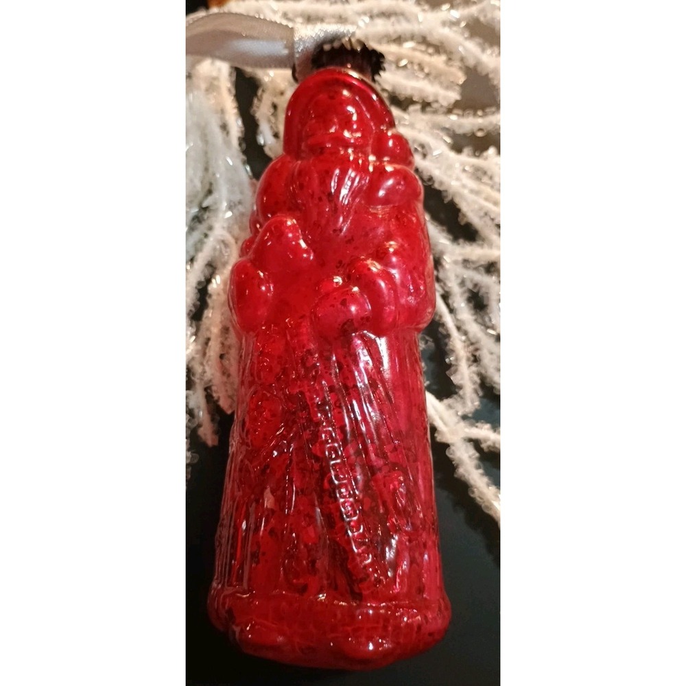 Vintage Blown Red Glass Santa Holding A Tree Christmas Ornament - Picture 3 of 6